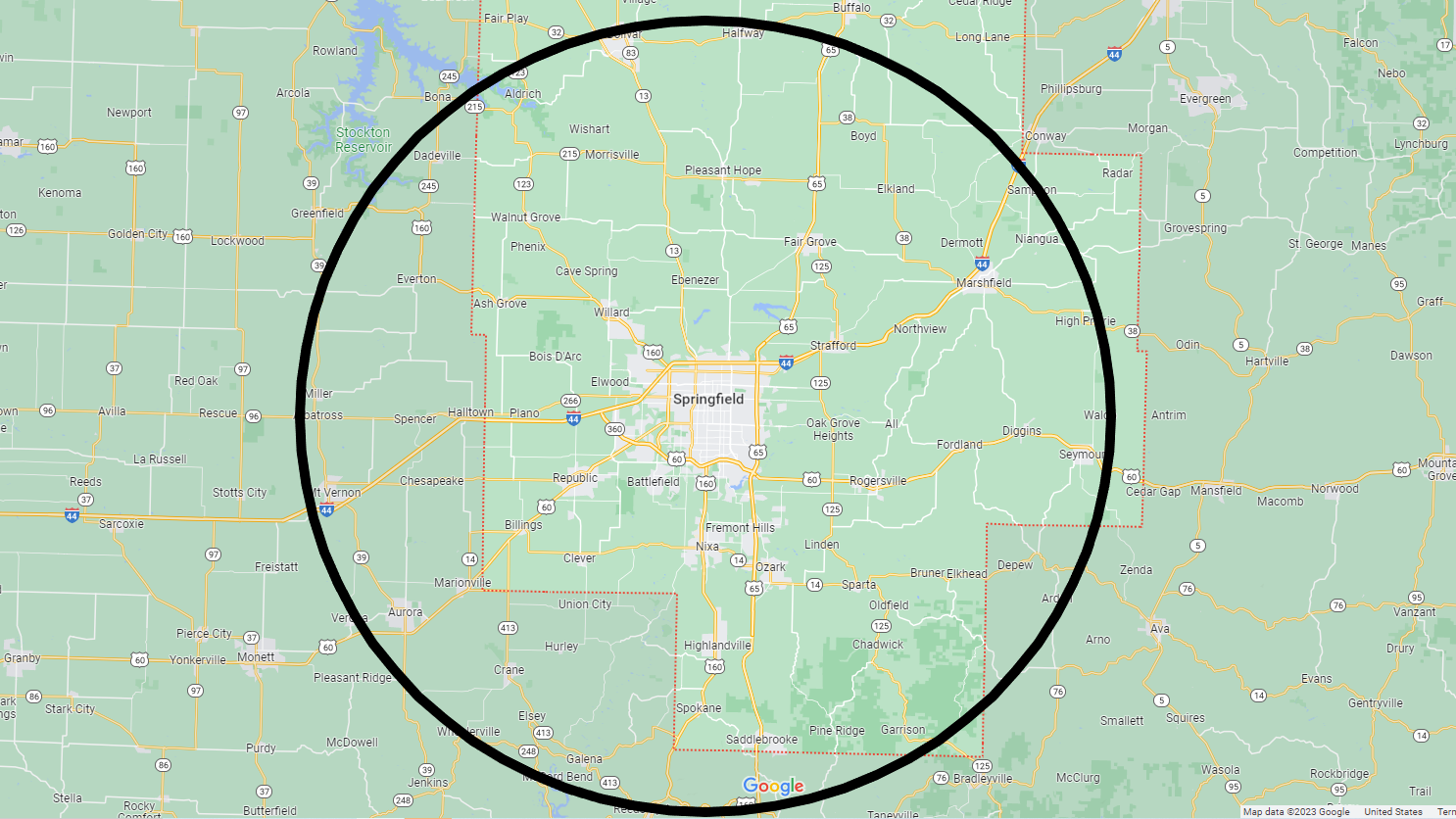 Service Area Map for Home Painting Pros in Springfield, Missouri